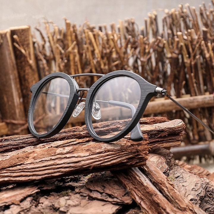 Hdcrafter Unisex Full Rim Round Wood Alloy Double Bridge Eyeglasses 4821 Full Rim Hdcrafter Eyeglasses