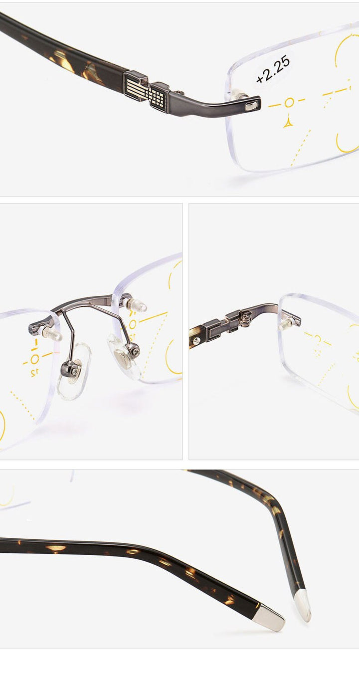 Hotochki Men's Rimless Titanium Alloy Frame Progressive Reading Glasses Anti Blue Light 656 Reading Glasses Hotochki
