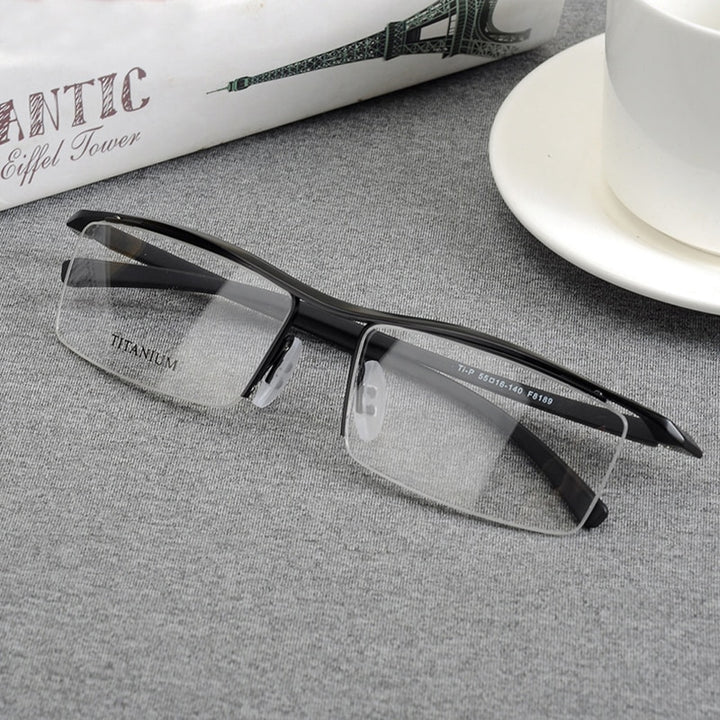 Hotony Men's Semi Rim Browline Titanium Frame Eyeglasses P8189 Semi Rim Hotony black