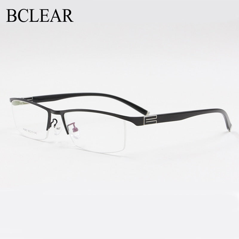 Men's Semi Rim Square Titanium Alloy Eyeglasses P9963 Semi Rim Bclear black