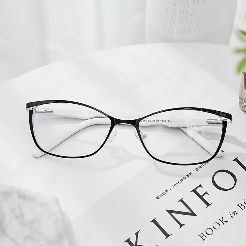 Women's Eyeglasses Metal Acetate Cat Eye Black And White Frame Kansept   