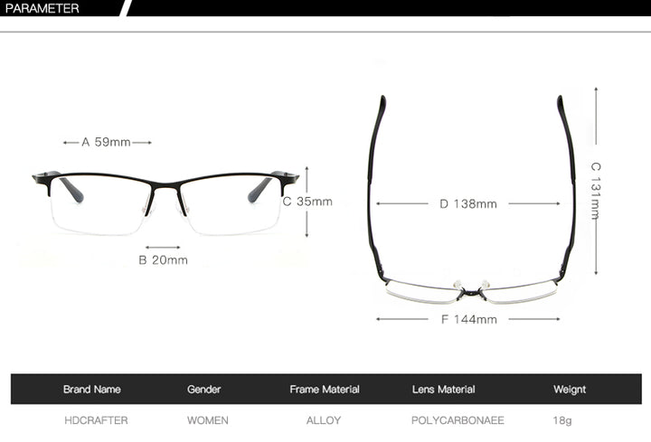 Hdcrafter Men's Semi Rim Rectangular Alloy Frame Eyeglasses Lp6263 Semi Rim Hdcrafter Eyeglasses