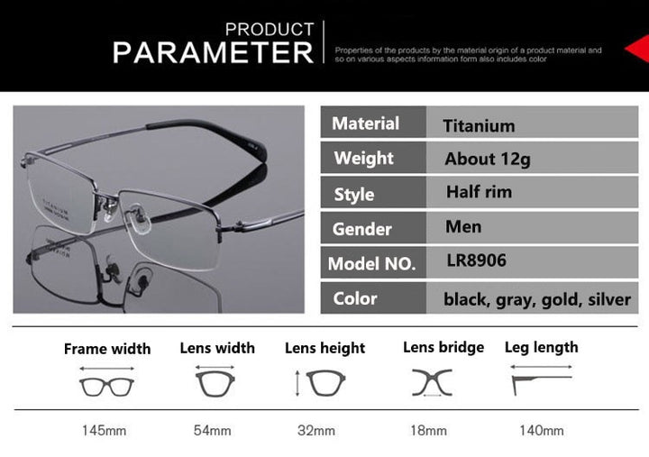 Men's Titanium Frame Half Rim Eyeglasses Lr8906 Semi Rim Bclear