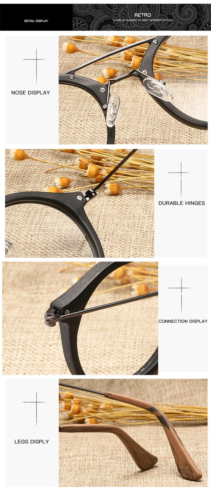 Hdcrafter Unisex Full Rim Round Wood Alloy Double Bridge Eyeglasses 4821 Full Rim Hdcrafter Eyeglasses