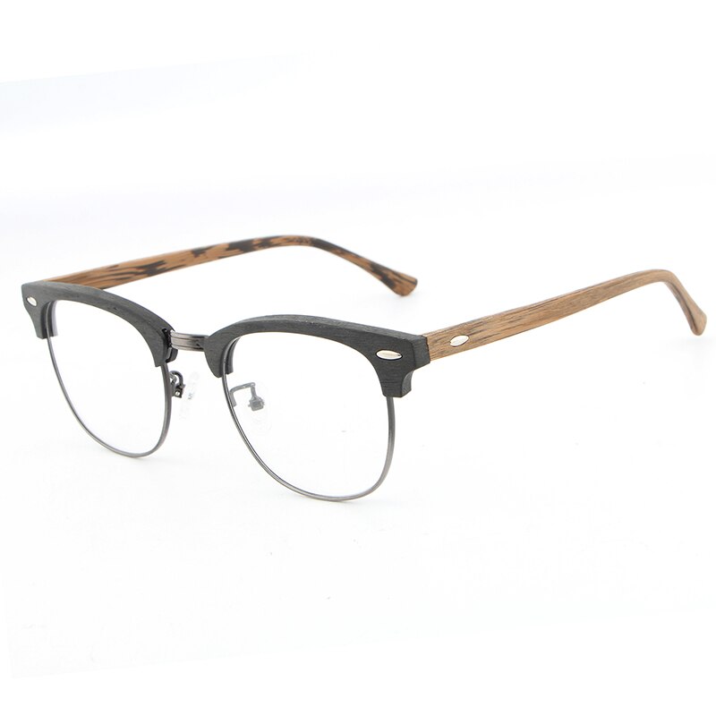 Hdcrafter Unisex Full Rim Round Half Wood Metal Frame Eyeglasses Full Rim Hdcrafter Eyeglasses black brown C86  