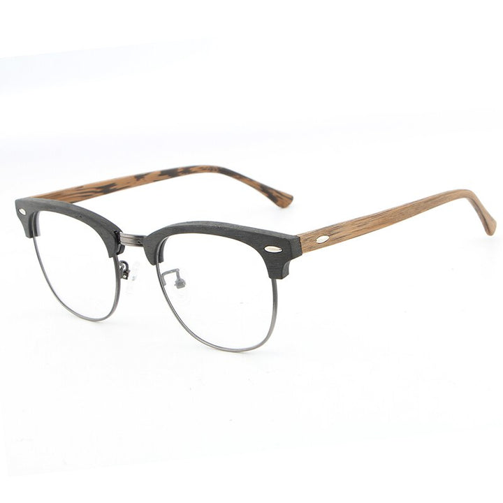 Hdcrafter Unisex Full Rim Round Half Wood Metal Frame Eyeglasses Full Rim Hdcrafter Eyeglasses black brown C86
