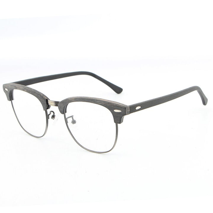 Hdcrafter Unisex Full Rim Round Half Wood Metal Frame Eyeglasses Full Rim Hdcrafter Eyeglasses grey black C96