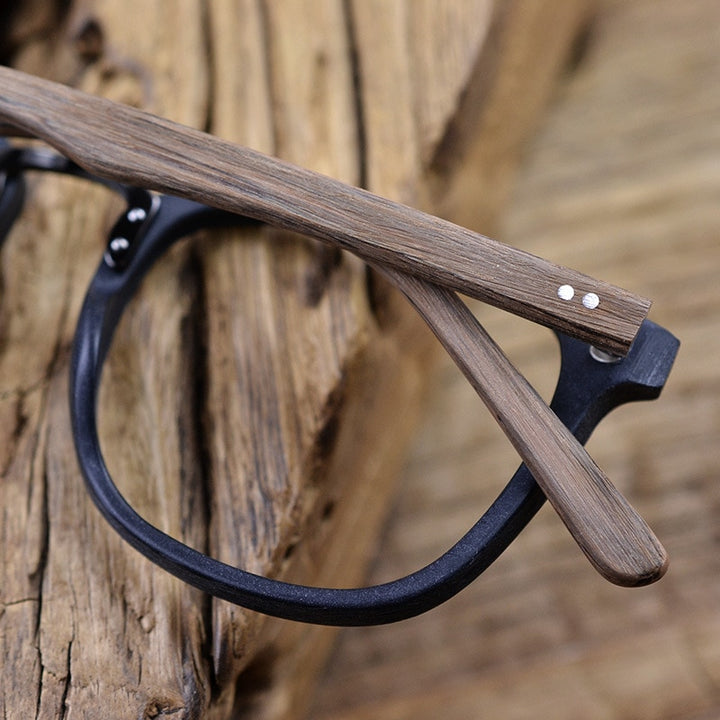 Hdcrafter Men's Full Rim Round Metal Wood Frame Eyeglasses Ps7083 Full Rim Hdcrafter Eyeglasses