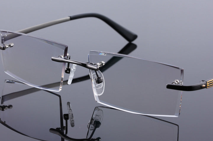 Reven Jate 5904 Titanium Rimless Diamond Cutting Man Glasses Frame Eyeglasses (Black) Rimless Reven Jate