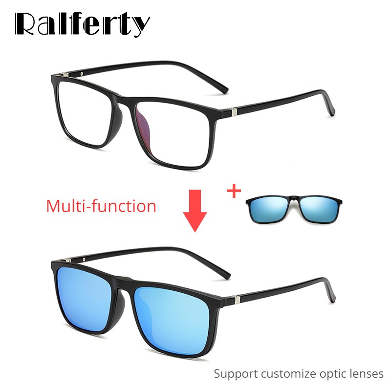 Ralferty Unisex Full Rim Square Eyeglasses With Clip On Sunglasses A8804 With Clip Ons Ralferty