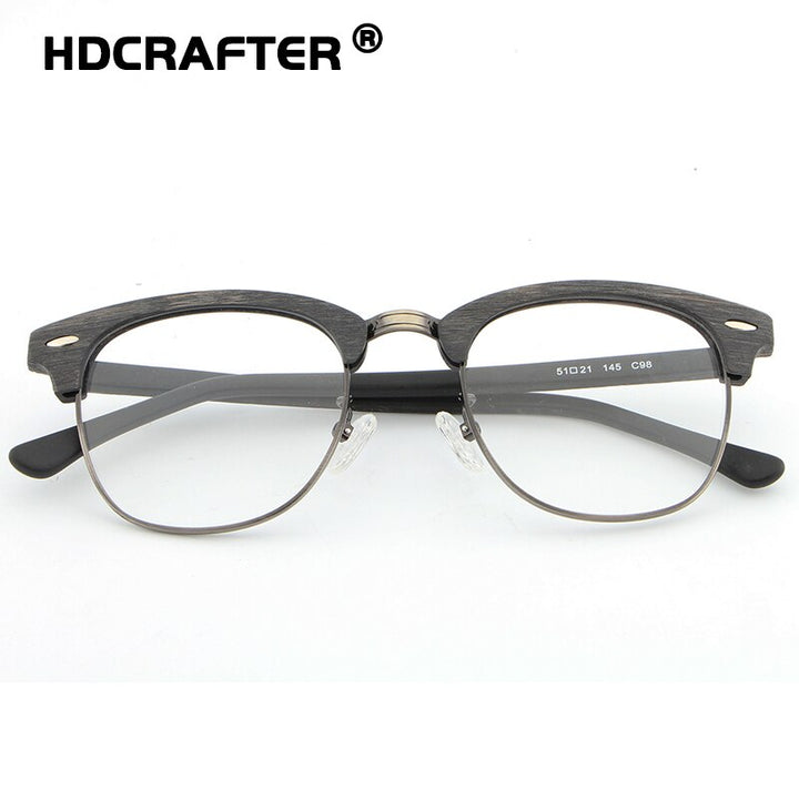 Hdcrafter Unisex Full Rim Round Half Wood Metal Frame Eyeglasses Full Rim Hdcrafter Eyeglasses   