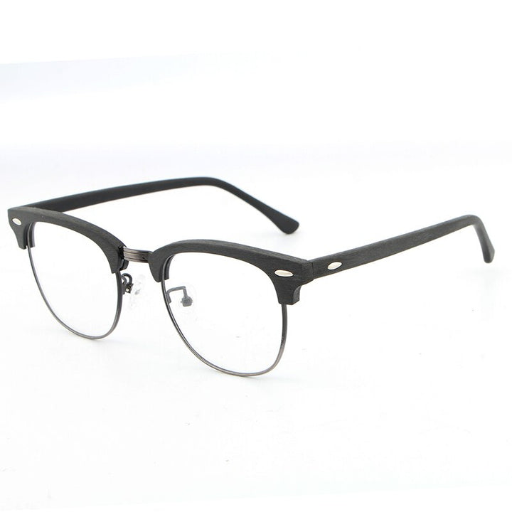 Hdcrafter Unisex Full Rim Round Half Wood Metal Frame Eyeglasses Full Rim Hdcrafter Eyeglasses Black C10  