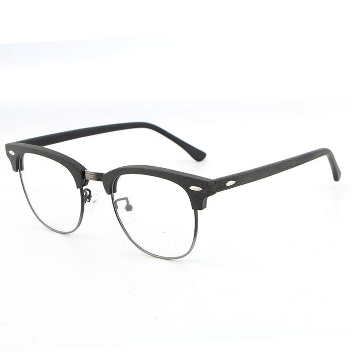 Hdcrafter Unisex Full Rim Round Half Wood Metal Frame Eyeglasses Full Rim Hdcrafter Eyeglasses Black C10