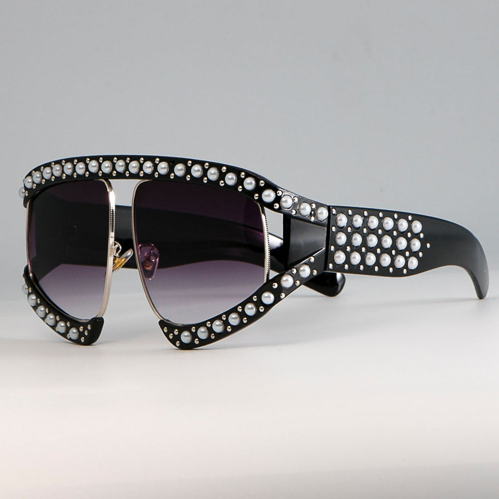 CCspace Women's Full Rim Resin Goggle Frame Pearl Oversized Sunglasses 45448 Sunglasses CCspace Sunglasses C1 black gray  