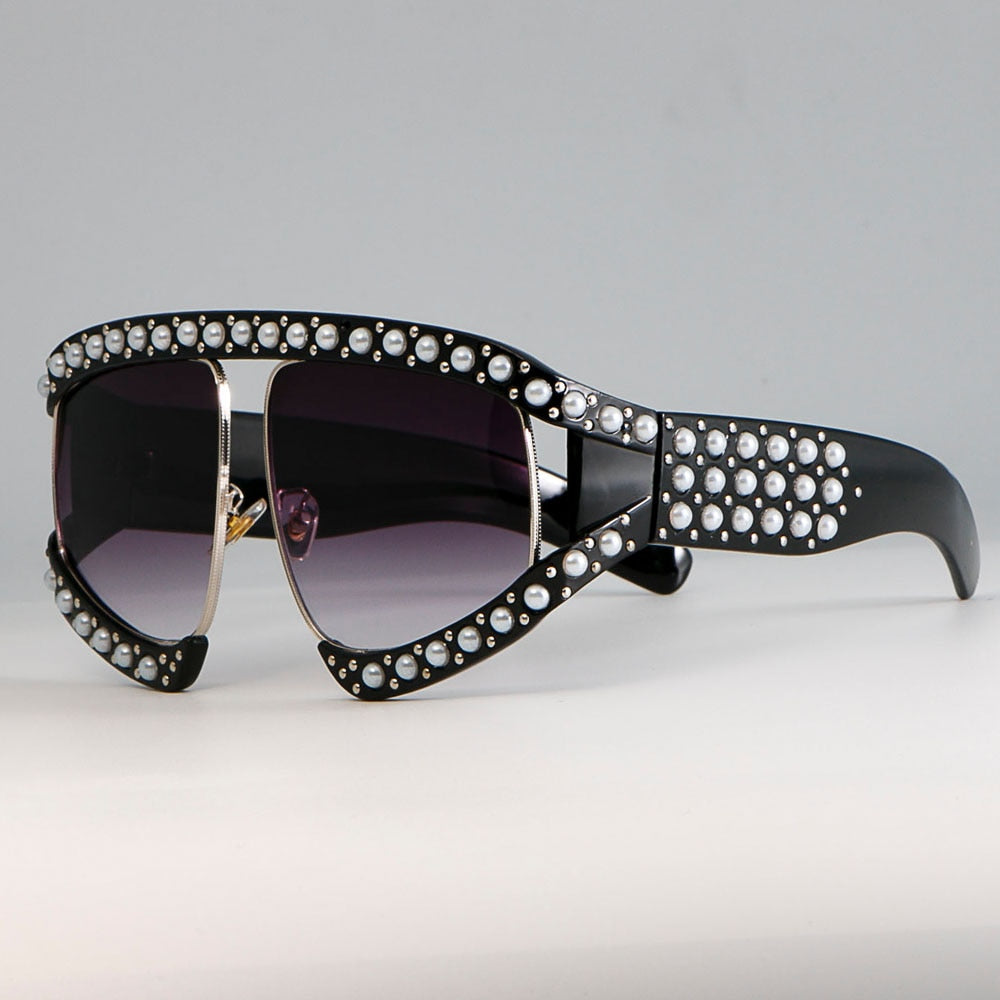 CCspace Women's Full Rim Resin Goggle Frame Pearl Oversized Sunglasses 45448 Sunglasses CCspace Sunglasses C1 black gray