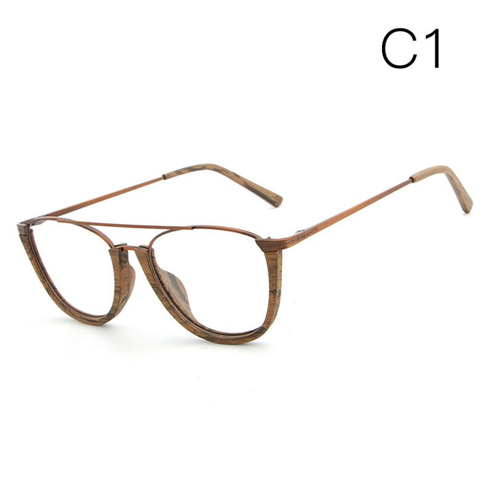 Hdcrafter Unisex Full Rim Round Double Bridge Wood Metal Frame Eyeglasses Hb032 Full Rim Hdcrafter Eyeglasses C1