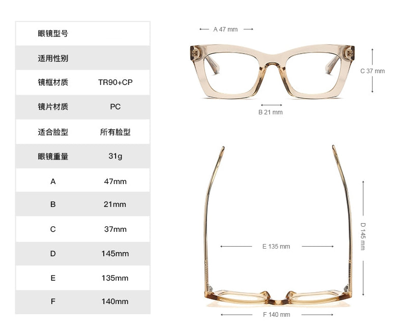 CCspace Women's Full Rim Cat Eye Tr 90 Titanium Frame Eyeglasses 49524 Full Rim CCspace