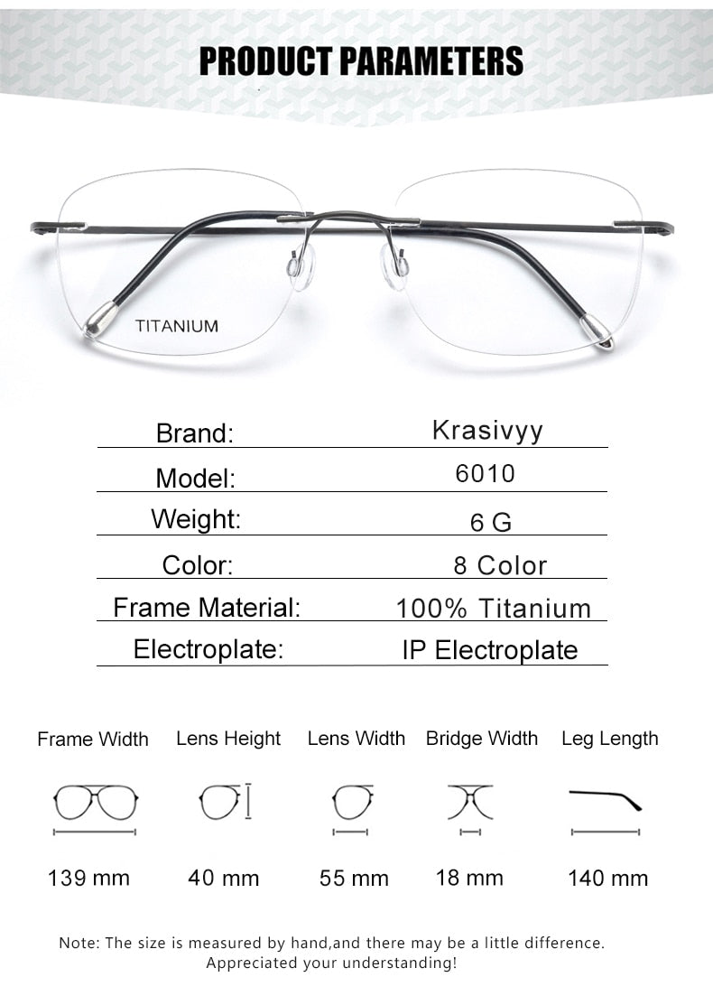 Krasivyy Unisex Rimless Square Titanium Eyeglasses Kr6010 Rimless Krasivyy