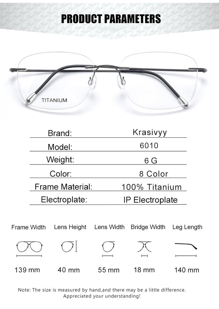 Krasivyy Unisex Rimless Square Titanium Eyeglasses Kr6010 Rimless Krasivyy