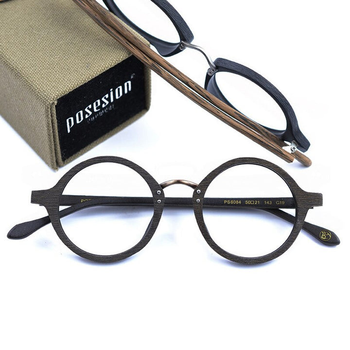 Hdcrafter Men's Full Rim Round Metal Wood Frame Eyeglasses Ps6084 Full Rim Hdcrafter Eyeglasses   