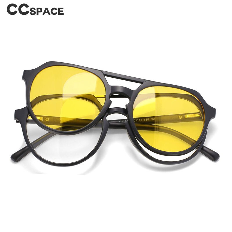 CCspace Unisex Full Rim Round Tr 90 Titanium Frame Eyeglasses Clip On 5 Piece Lens Sunglasses 53882 With Clip Ons CCspace