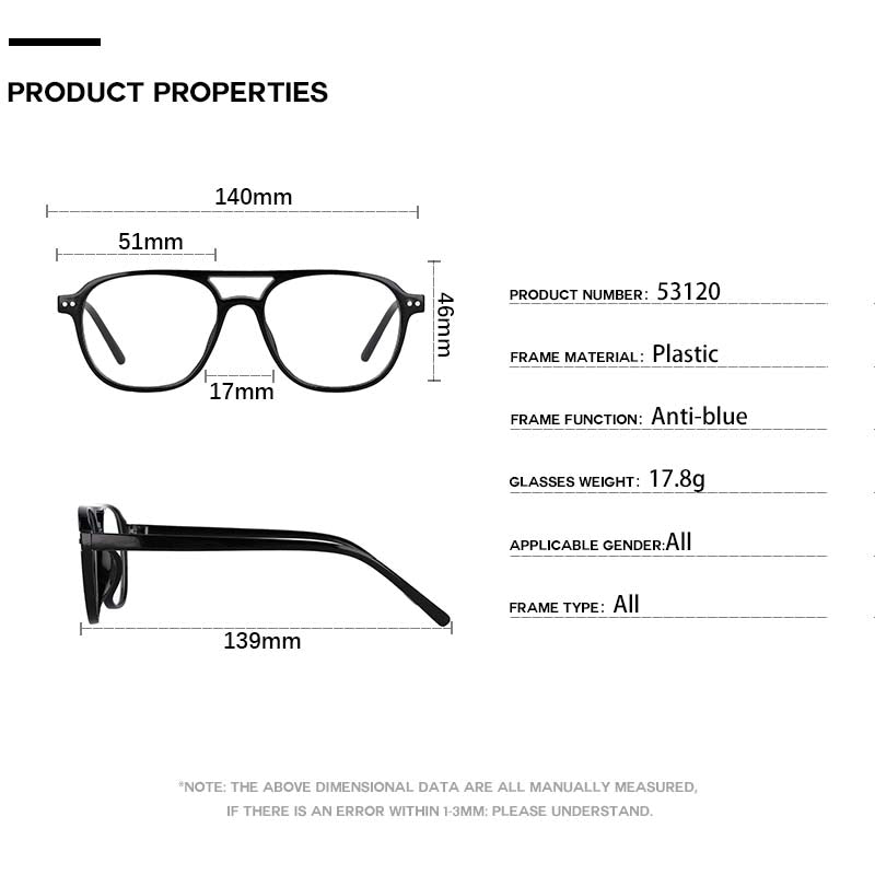CCspace Unisex Full Rim Square Resin Double Bridge Frame Eyeglasses 53120 Full Rim CCspace