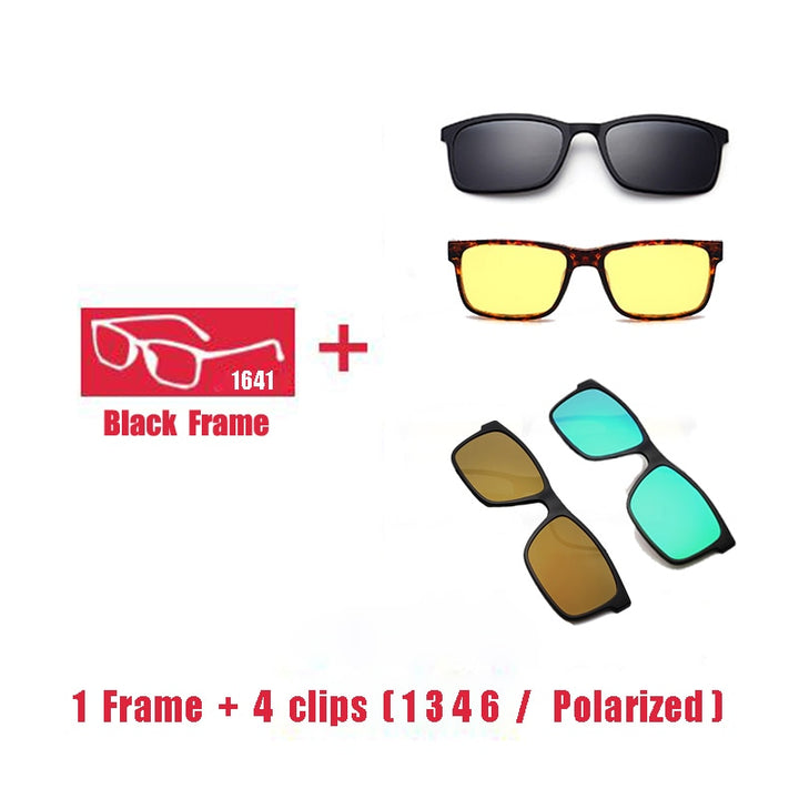 Oveliness Unisex Full Rim Square Tr 90 Titanium Eyeglasses Polarized Clip On Sunglasses 1641 With Clip Ons Oveliness 1F 4 clips 1 3 4 6