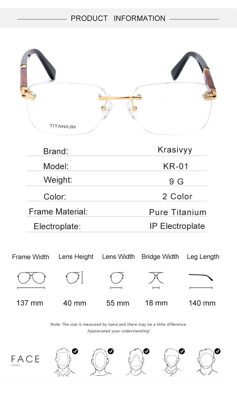 Krasivyy Unisex Rimless Square Titanium Wooden Eyeglasses Ls01 Rimless Krasivyy