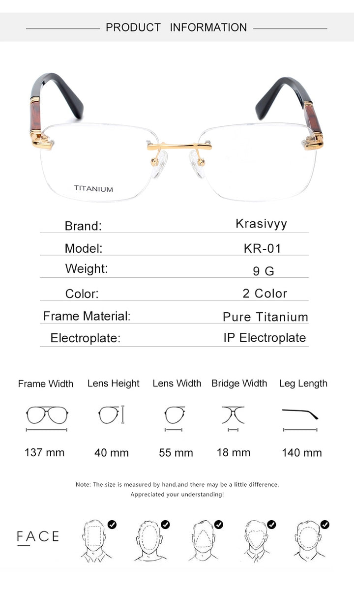 Krasivyy Unisex Rimless Square Titanium Wooden Eyeglasses Ls01 Rimless Krasivyy