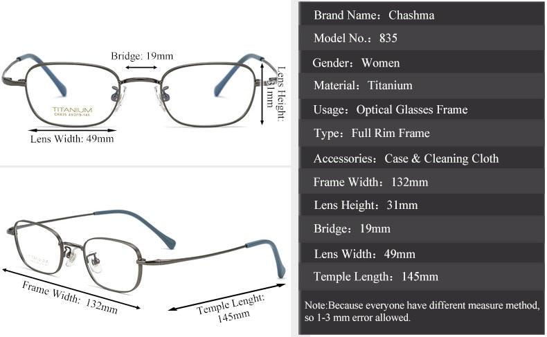 Chashma Ottica Unisex Full Rim Square Titanium Eyeglasses 835 Full Rim Chashma Ottica