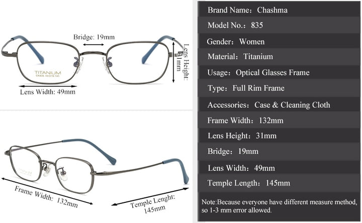 Chashma Ottica Unisex Full Rim Square Titanium Eyeglasses 835 Full Rim Chashma Ottica