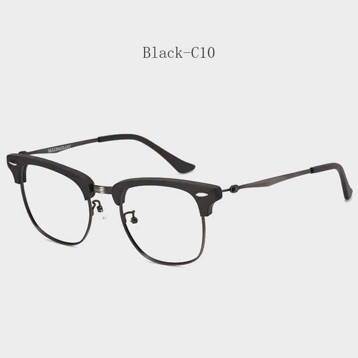 Hdcrafter Men's Full Rim Round Wood Alloy Frame Eyeglasses 8057 Full Rim Hdcrafter Eyeglasses Black-C10