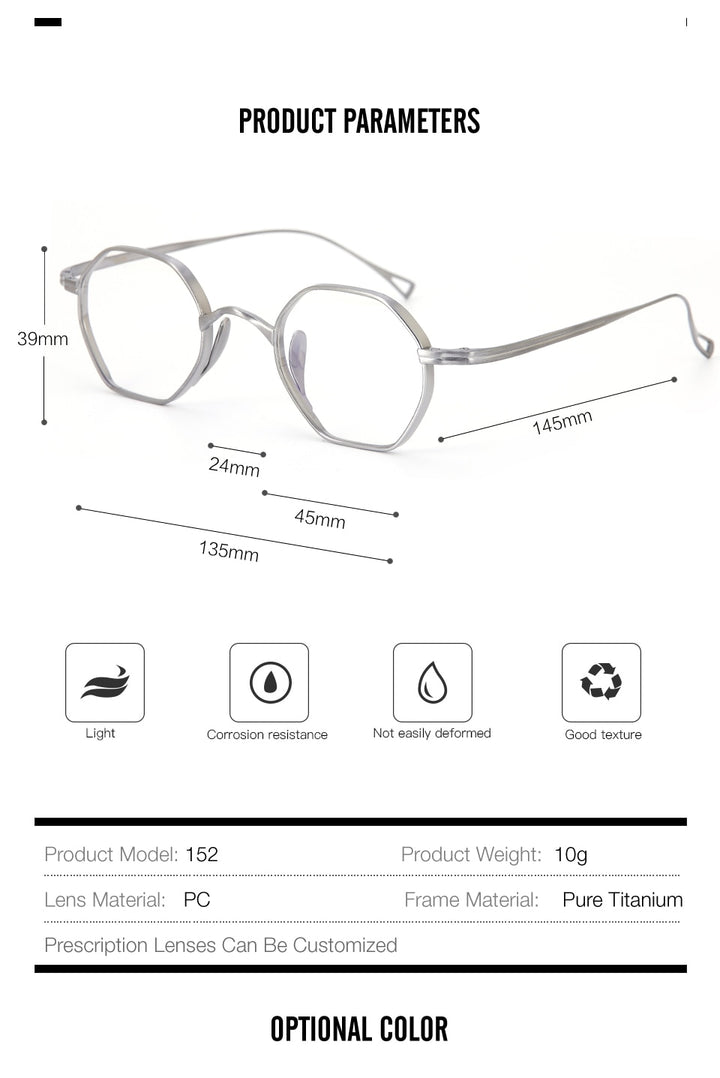 Muzz Unisex Full Rim Polygon Round Titanium Frame Eyeglasses 152 Full Rim Muzz