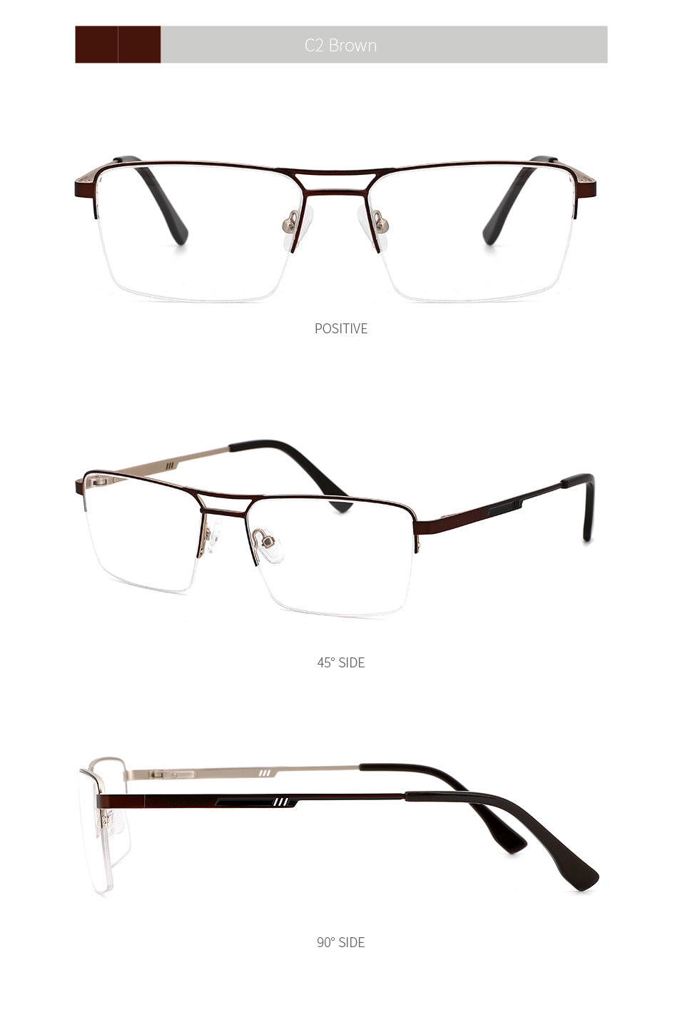 Kansept Men's Semi Rim Square Double Bridge Stainless Steel Frame Eyeglasses Me2360 Semi Rim Kansept
