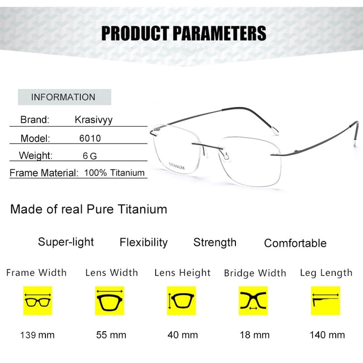 Krasivyy Unisex Rimless Square Titanium Eyeglasses Kr6010 Rimless Krasivyy