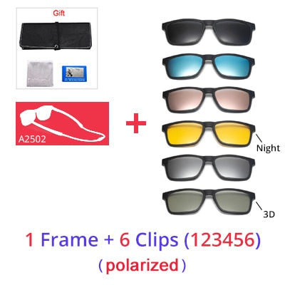 Ralferty Unisex Square Eyeglasses With Clip On Sunglasses With Clip Ons Ralferty 1Frame6 Clips 123456 Full black frame