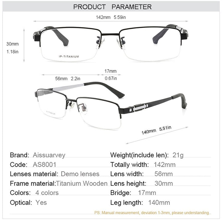 Men's Eyeglasses Titanium Wooden Semi Rim As8001 Semi Rim Aissuarvey Eyeglasses   