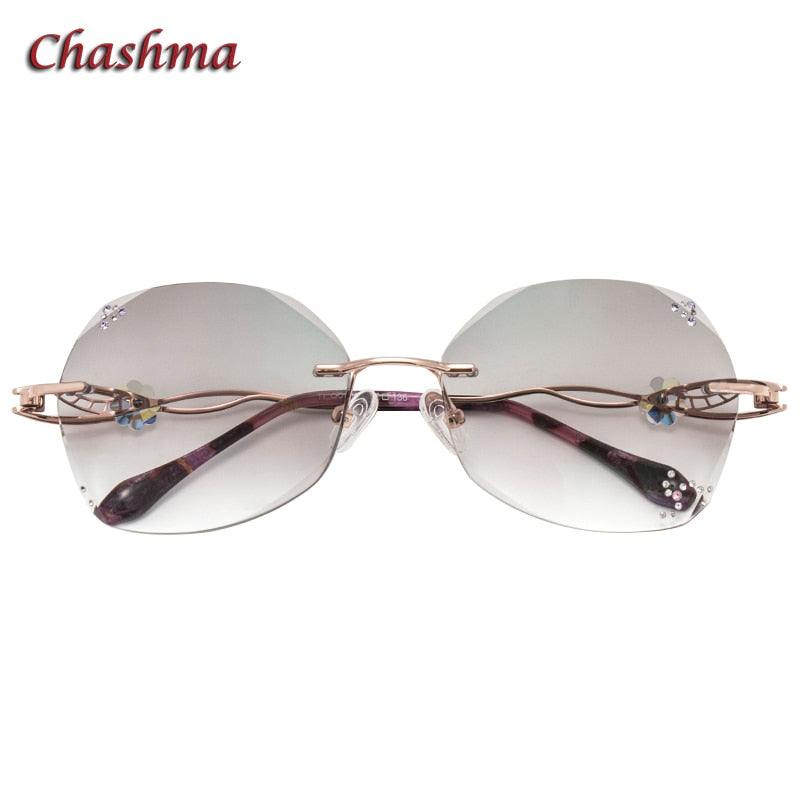 Chashma Ochki Women's Rimless Round Titanium Eyeglasses Gradient Tinted Demo Diamond Cut Lenses 007 Rimless Chashma Ochki