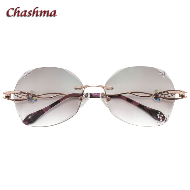 Chashma Ochki Women's Rimless Round Titanium Eyeglasses Gradient Tinted Demo Diamond Cut Lenses 007 Rimless Chashma Ochki