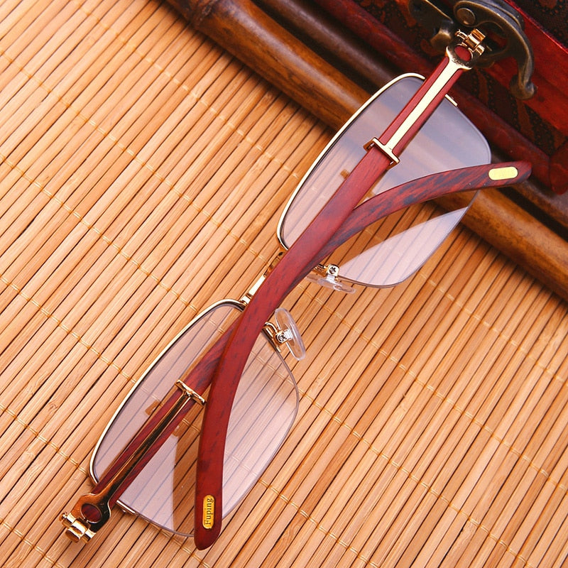 Vazrobe Unisex Semi Rim Rectangle Wood Titanium UV400 Sunglasses 3757 Sunglasses Vazrobe gold light brown