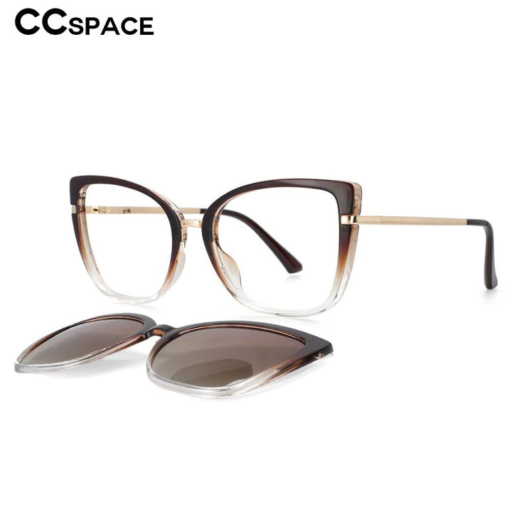 CCspace Unisex Full Rim Cat Eye Tr 90 Titanium Frame Eyeglasses Clip On Sunglasses 53752 With Clip Ons CCspace