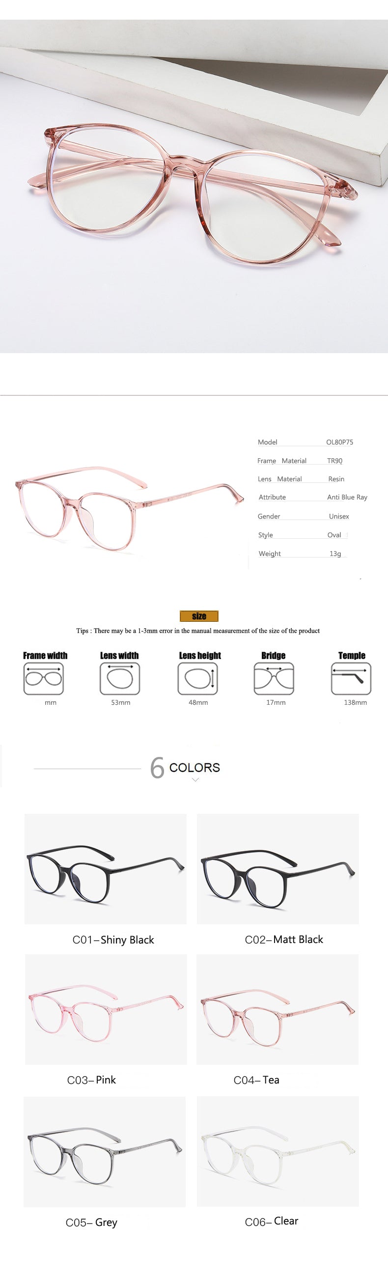 Oveliness Unisex Full Rim Round Square Tr 90 Titanium Eyeglasses 8075 Full Rim Oveliness