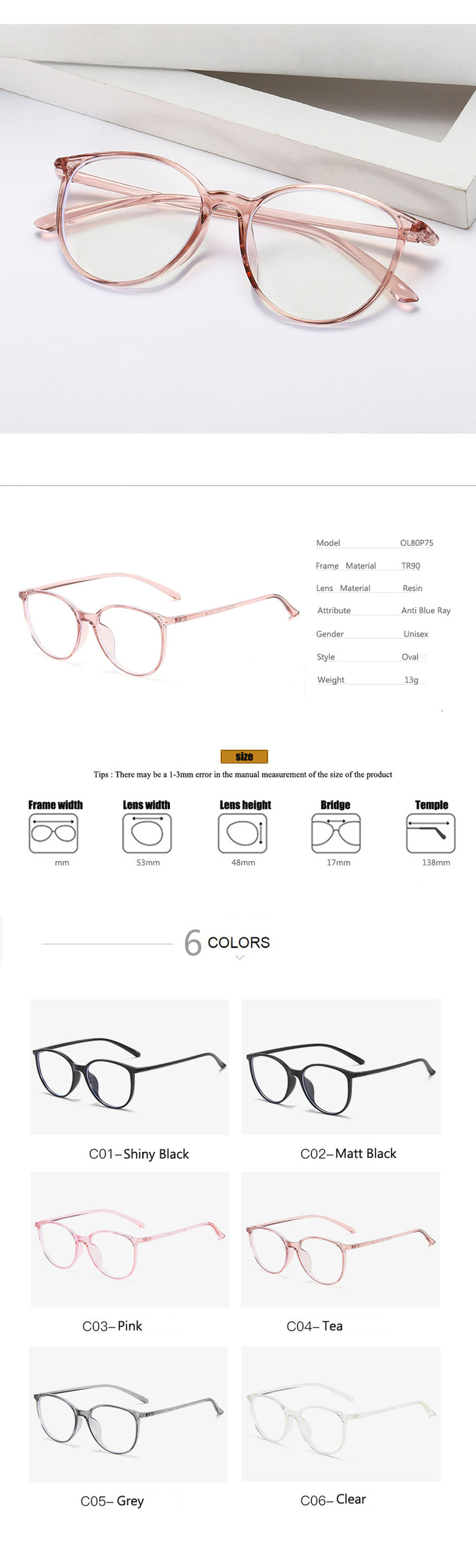 Oveliness Unisex Full Rim Round Square Tr 90 Titanium Eyeglasses 8075 Full Rim Oveliness