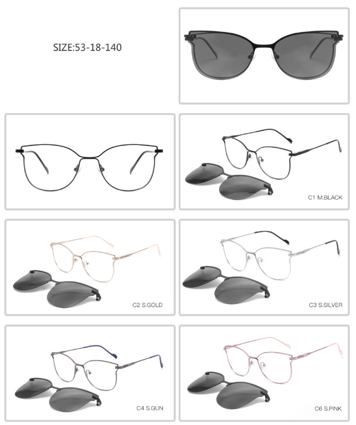 CCspace Unisex Full Rim Square Cat Eye Alloy Frame Eyeglasses Clip On Sunglasses 47478 With Clip Ons CCspace