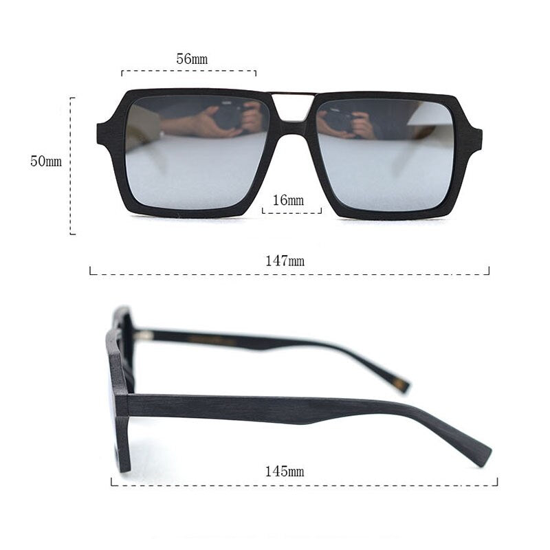Hdcrafter Men's Full Rim Double Bridge Square Frame Polarized Wood Sunglasses Pd90161 Sunglasses HdCrafter Sunglasses