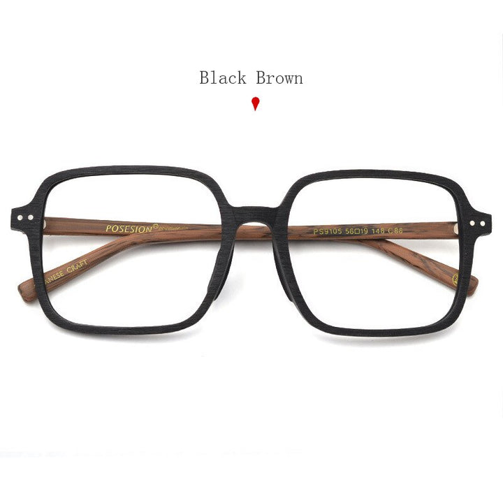 Hdcrafter Unisex Full Rim Oversized Square Wood Frame Eyeglasses 9105 Full Rim Hdcrafter Eyeglasses Black Brown