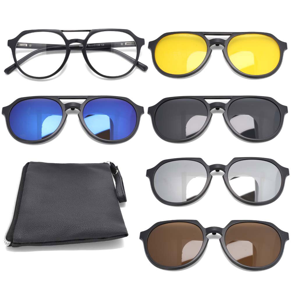 CCspace Unisex Full Rim Round Tr 90 Titanium Frame Eyeglasses Clip On 5 Piece Lens Sunglasses 53882 With Clip Ons CCspace Default Title