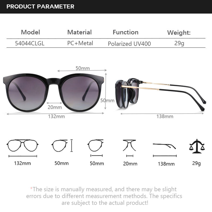 CCspace Unisex Full Rim Round Tr 90 Titanium Frame Eyeglasses Clip On Sunglasses 54044 With Clip Ons CCspace