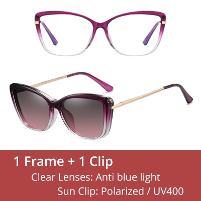 Ralferty Women's Full Rim Square Cat Eye Acetate Eyeglasses With Clip On Sunglasses D95335 With Clip Ons Ralferty C6 Purple