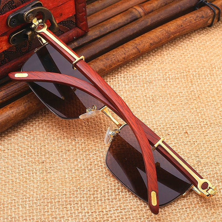 Vazrobe Unisex Semi Rim Rectangle Wood Titanium UV400 Sunglasses 3757 Sunglasses Vazrobe